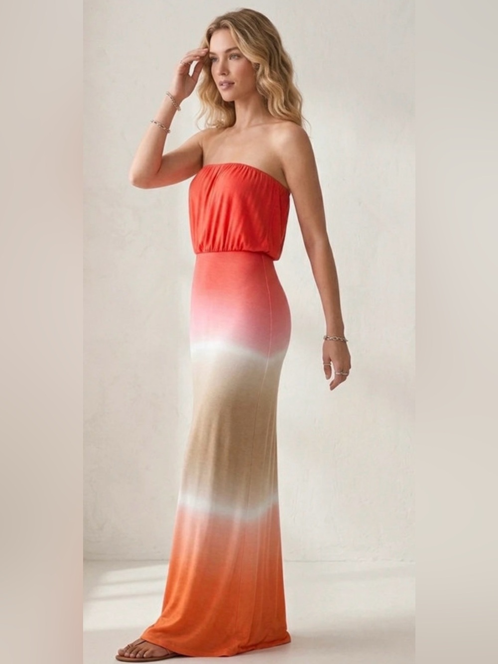 Young Fabulous & Broke Strapless Ombré Maxi Dress Orange/Coral/Tan- Sz M